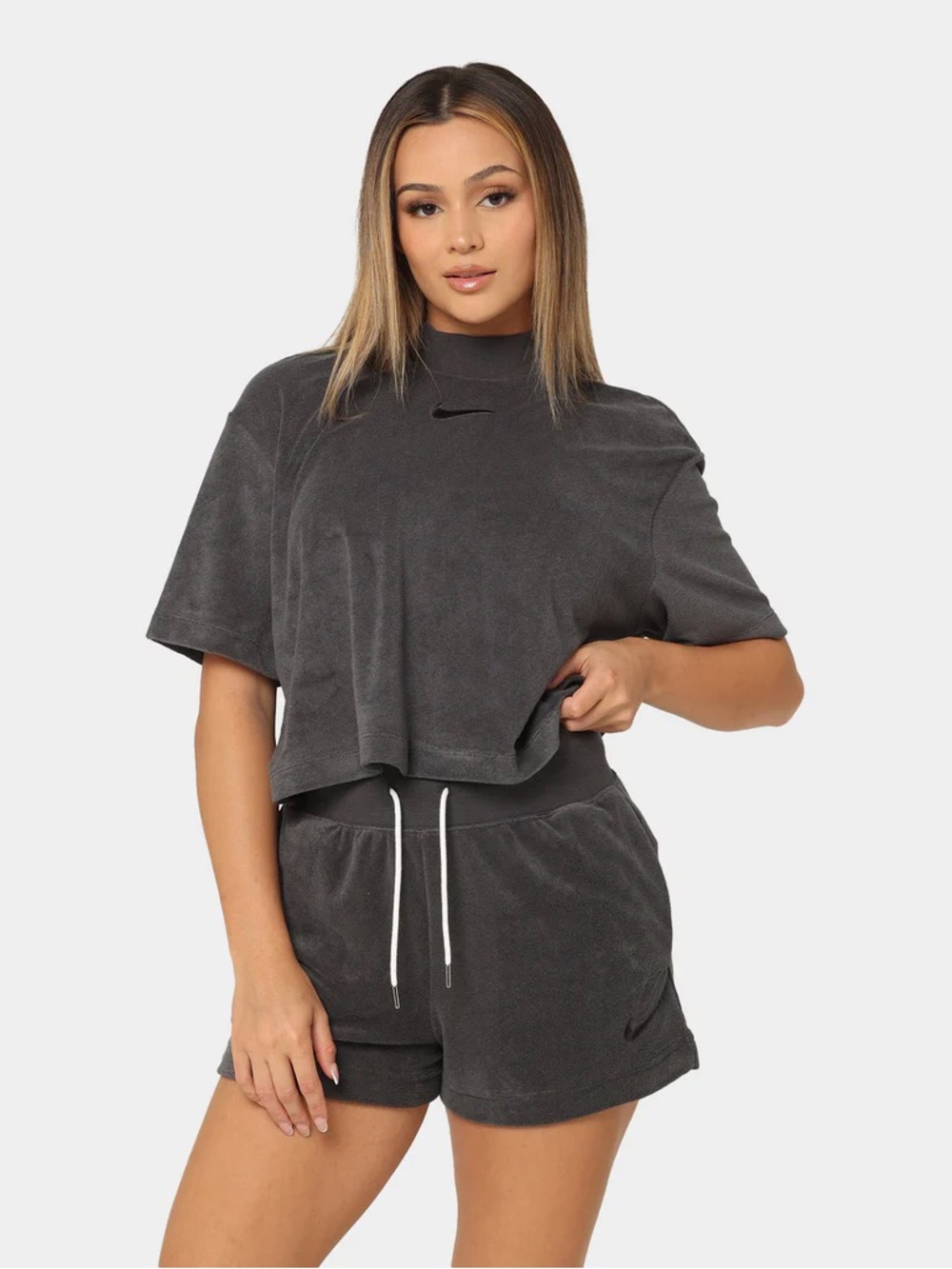 Nike Sportswear Mock Neck Short Sleeve Terry Top - Dark Grey- size M